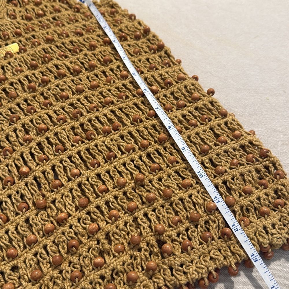 Aava Khaki Brown Beaded Open Knit Crochet Double Handle Market Beach Boho Tote - Picture 10 of 12